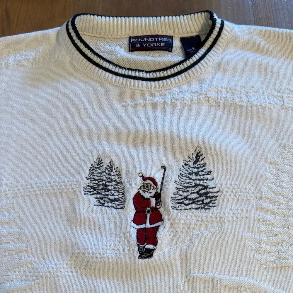 Roundtree & Yorke Mens Golfing Santa Christmas Sweater White Cotton Textured M